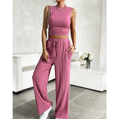 🌸New Arrival 50%OFF💖 Women's Summer Solid Short Crop Tank Top & Drawstring Wide Leg Pants 2-Piece Set
