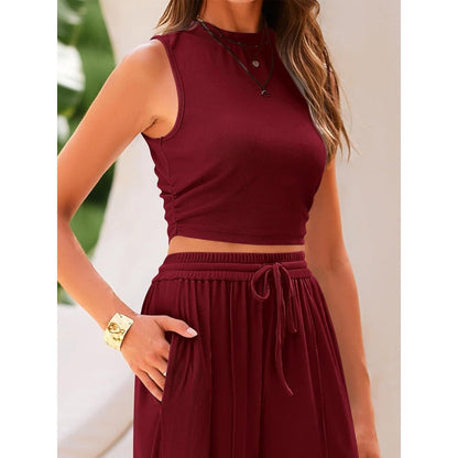 🌸New Arrival 50%OFF💖 Women's Summer Solid Short Crop Tank Top & Drawstring Wide Leg Pants 2-Piece Set