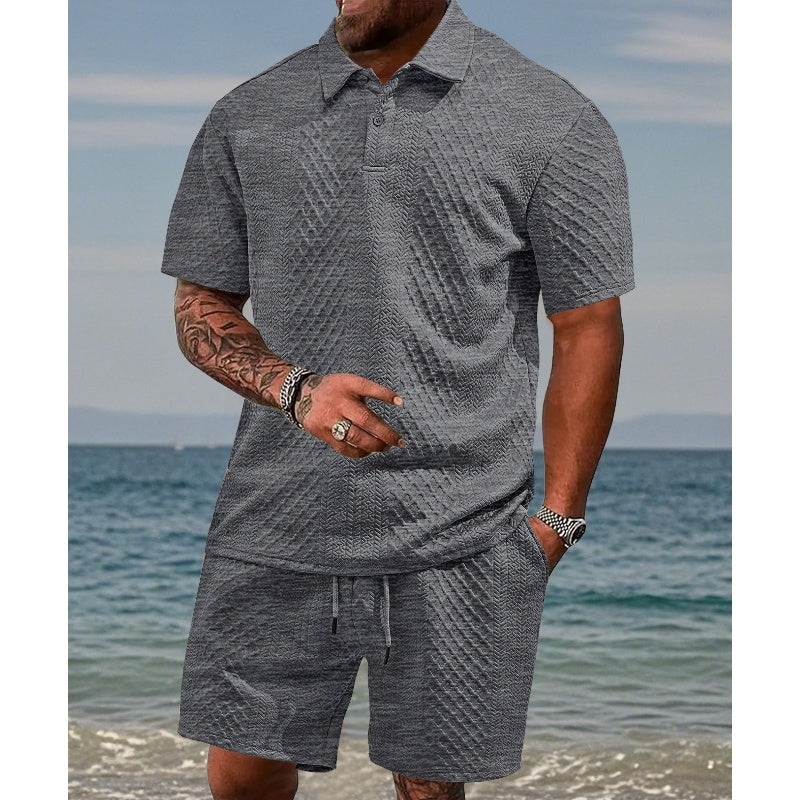 🔥Hot Sale Deals-Men’s Diamond Pattern Turn-Down Collar Short Sleeve Top & Drawstring Shorts 2-Piece Set