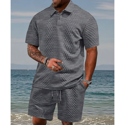 🔥Hot Sale Deals-Men’s Diamond Pattern Turn-Down Collar Short Sleeve Top & Drawstring Shorts 2-Piece Set