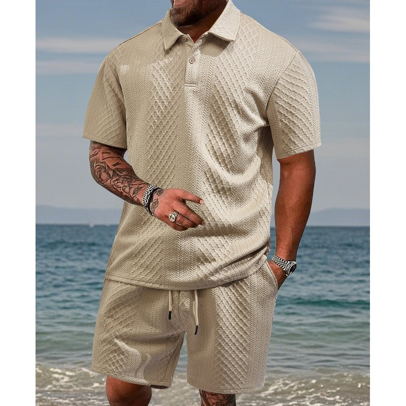 🔥Hot Sale Deals-Men’s Diamond Pattern Turn-Down Collar Short Sleeve Top & Drawstring Shorts 2-Piece Set