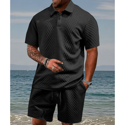 🔥Hot Sale Deals-Men’s Diamond Pattern Turn-Down Collar Short Sleeve Top & Drawstring Shorts 2-Piece Set