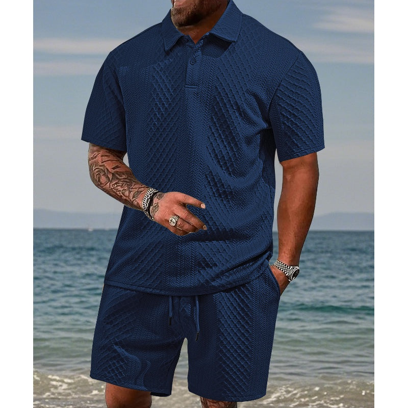 🔥Hot Sale Deals-Men’s Diamond Pattern Turn-Down Collar Short Sleeve Top & Drawstring Shorts 2-Piece Set