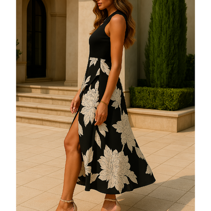 Summer Round Neck Sleeveless Floral Ruffled Dress