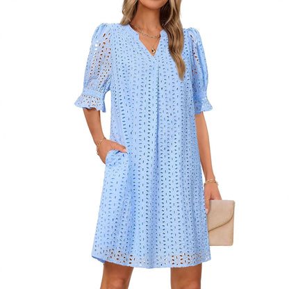 Women's V-Neck Hollow Out Short Sleeve Dress