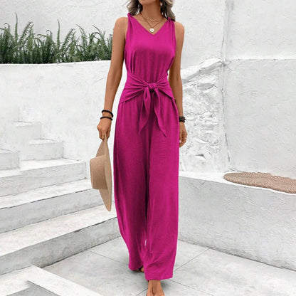 Women's Solid Waist Tie Jumpsuit