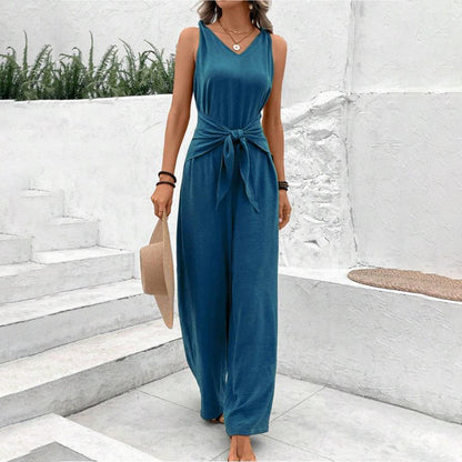 Women's Solid Waist Tie Jumpsuit