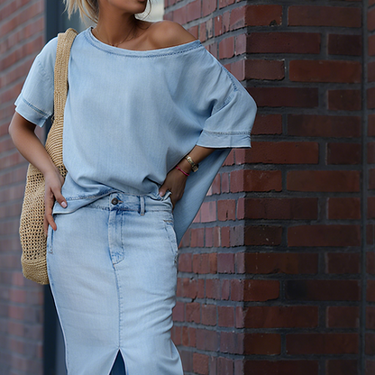 Women's Diagonal Shoulder Top with Split Denim Long Skirt