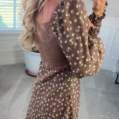 Brown V-Neck Floral Print Dress with Puff Sleeves