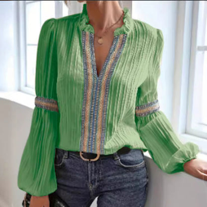Women's Ethnic Style V-Neck Long Sleeve Shirt