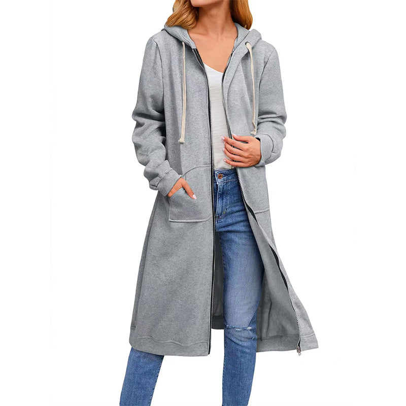 Women's Solid Hooded Zipper Long Sweatshirts