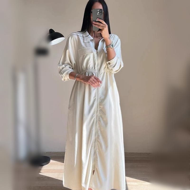 Long-Sleeve Zip-Up Dress with Waist Cinching