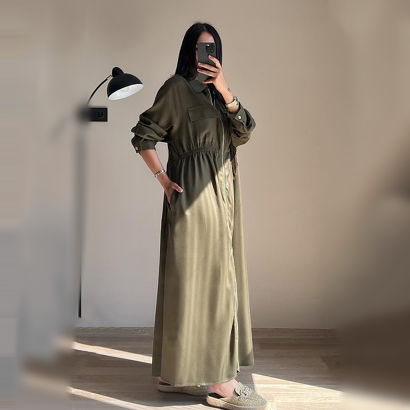 Long-Sleeve Zip-Up Dress with Waist Cinching