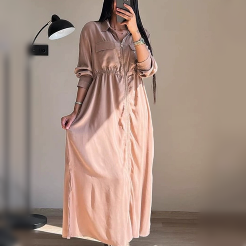 Long-Sleeve Zip-Up Dress with Waist Cinching