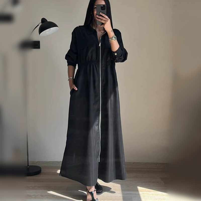 Long-Sleeve Zip-Up Dress with Waist Cinching