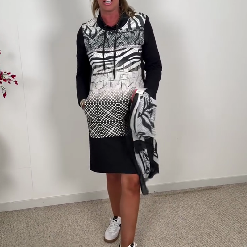 Black-White Printed Drawstring Long-Sleeve Dress