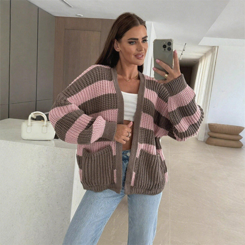 Women's Stylish Striped Open Front Sweater