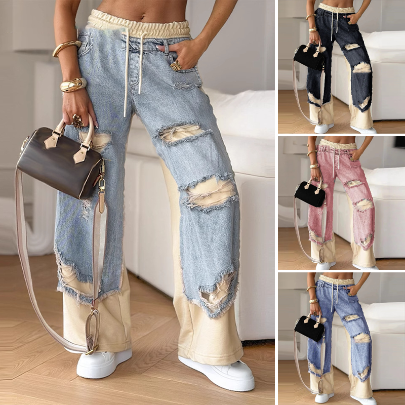 ⏳Time-limited Special⏰Patchwork Denim Elastic Drawstring Wide-Leg Pants