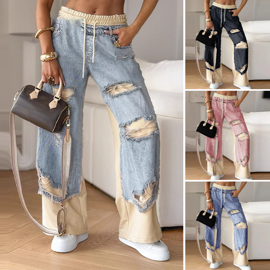 🔥Limited stock available 50% OFF🔥🍁Early Autumn Special Offer✨Patchwork Denim Elastic Drawstring Wide-Leg Pants