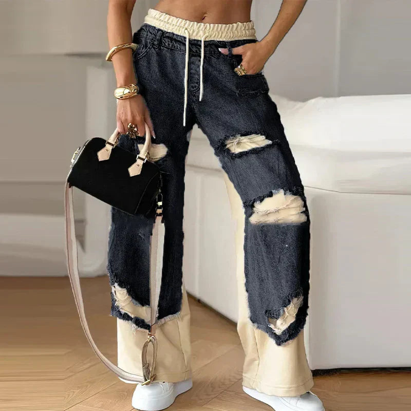 🔥Limited stock available 50% OFF🔥🍁Early Autumn Special Offer✨Patchwork Denim Elastic Drawstring Wide-Leg Pants
