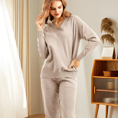 Women's V-Neck Sweater & High-Waist Pants 2-Piece Set