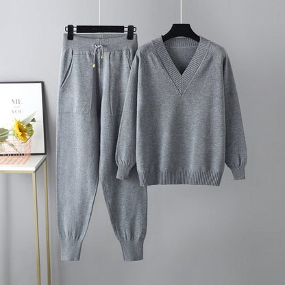 Women's V-Neck Sweater & High-Waist Pants 2-Piece Set
