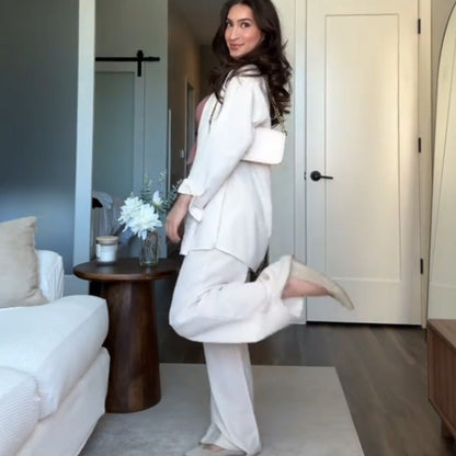 🍁Autumn's best-selling-Solid Color Relaxed Shirt & Wide-Leg Pants Set