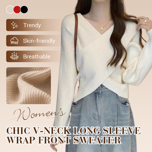 🔥New Arrivals Special Offer-Chic V-Neck Long Sleeve Wrap Front Sweater