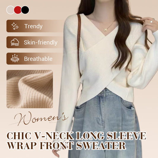 Chic V-Neck Long Sleeve Wrap Front Sweater