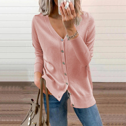 Women's Solid Color Buttoned V-Neck Knit Top