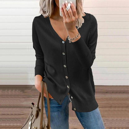 Women's Solid Color Buttoned V-Neck Knit Top