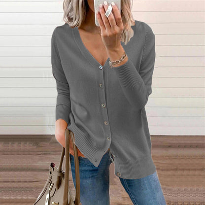 Women's Solid Color Buttoned V-Neck Knit Top