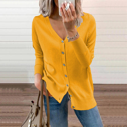 Women's Solid Color Buttoned V-Neck Knit Top