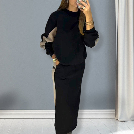 🧥Loose Color Block Long Sleeve Top & Split Skirt Set