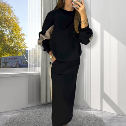 🧥Loose Color Block Long Sleeve Top & Split Skirt Set
