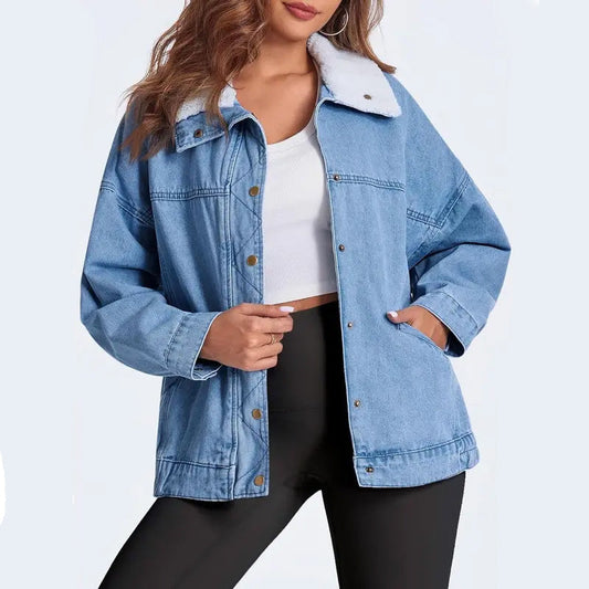 Denim Jacket with Plush Faux Fur Collar for Women