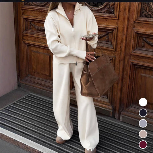 Women's Knitted Slim-Fit Zip-Up Top & Wide-Leg Pants Set