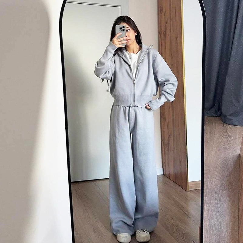 Women's Knitted Slim-Fit Zip-Up Top & Wide-Leg Pants Set
