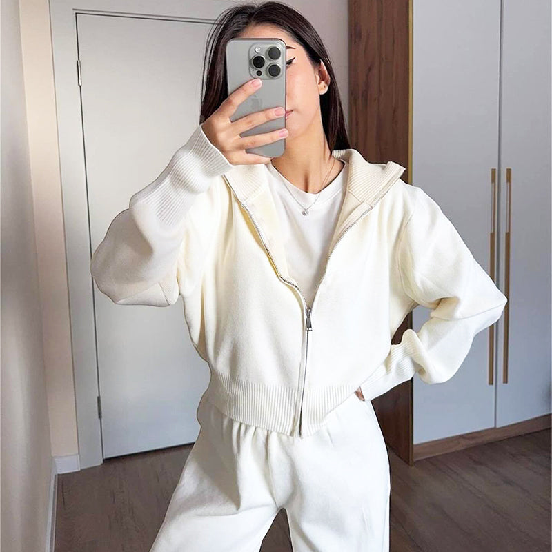 Women's Knitted Slim-Fit Zip-Up Top & Wide-Leg Pants Set