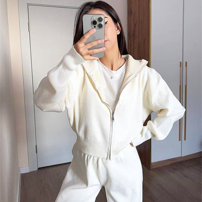Women's Knitted Slim-Fit Zip-Up Top & Wide-Leg Pants Set