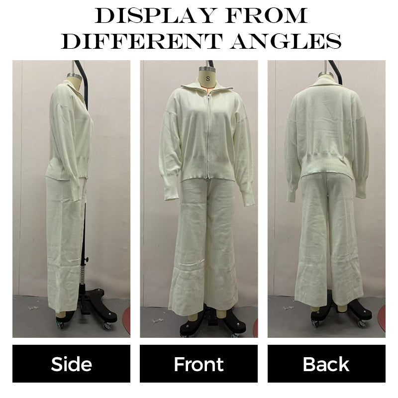 Women's Knitted Slim-Fit Zip-Up Top & Wide-Leg Pants Set
