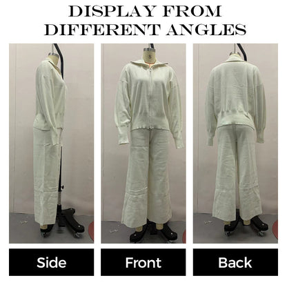 Women's Knitted Slim-Fit Zip-Up Top & Wide-Leg Pants Set