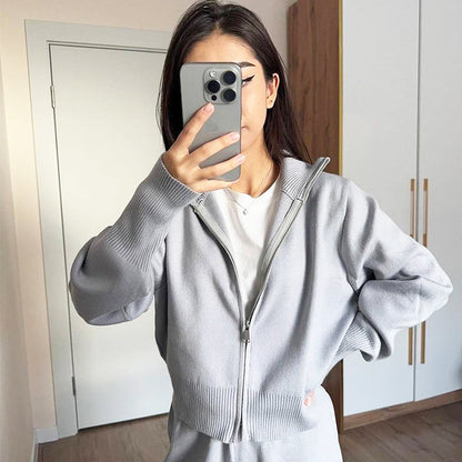 Women's Knitted Slim-Fit Zip-Up Top & Wide-Leg Pants Set