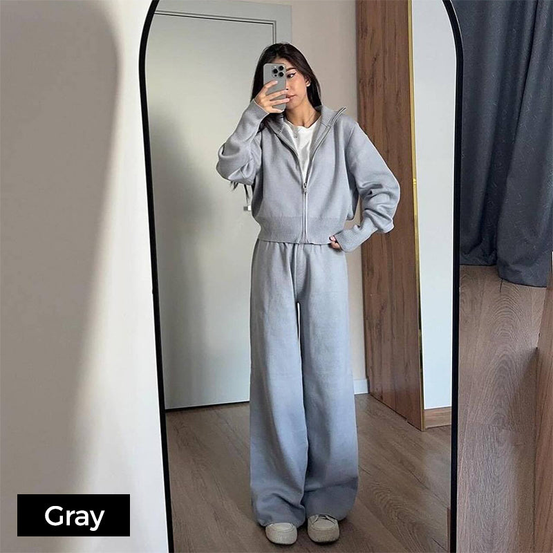 Women's Knitted Slim-Fit Zip-Up Top & Wide-Leg Pants Set