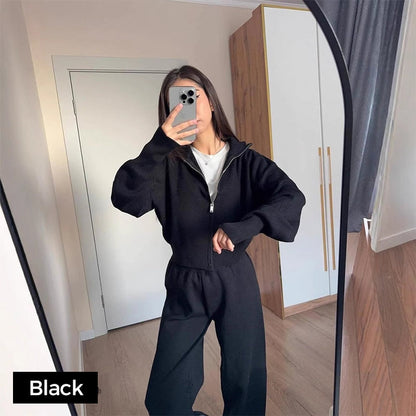 Women's Knitted Slim-Fit Zip-Up Top & Wide-Leg Pants Set