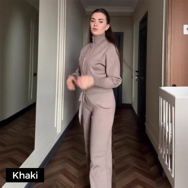 Women's Knitted Slim-Fit Zip-Up Top & Wide-Leg Pants Set