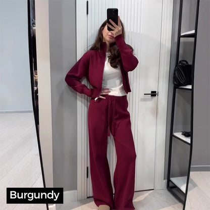 Women's Knitted Slim-Fit Zip-Up Top & Wide-Leg Pants Set