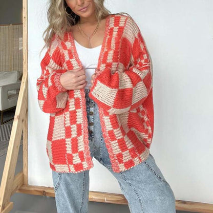 Women's Checkered Open Front Cardigan