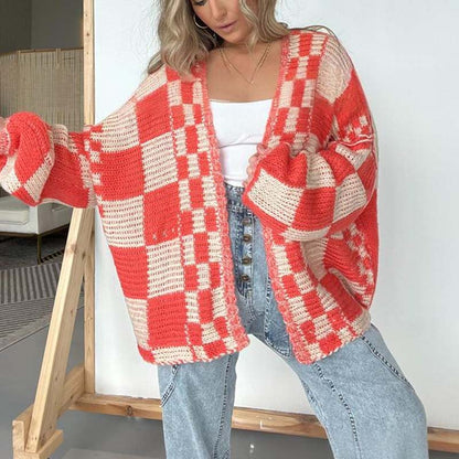 Women's Checkered Open Front Cardigan