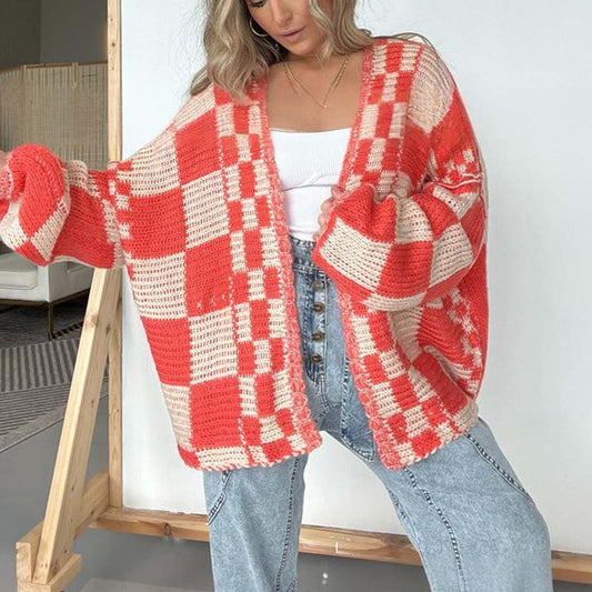 Women's Checkered Open Front Cardigan